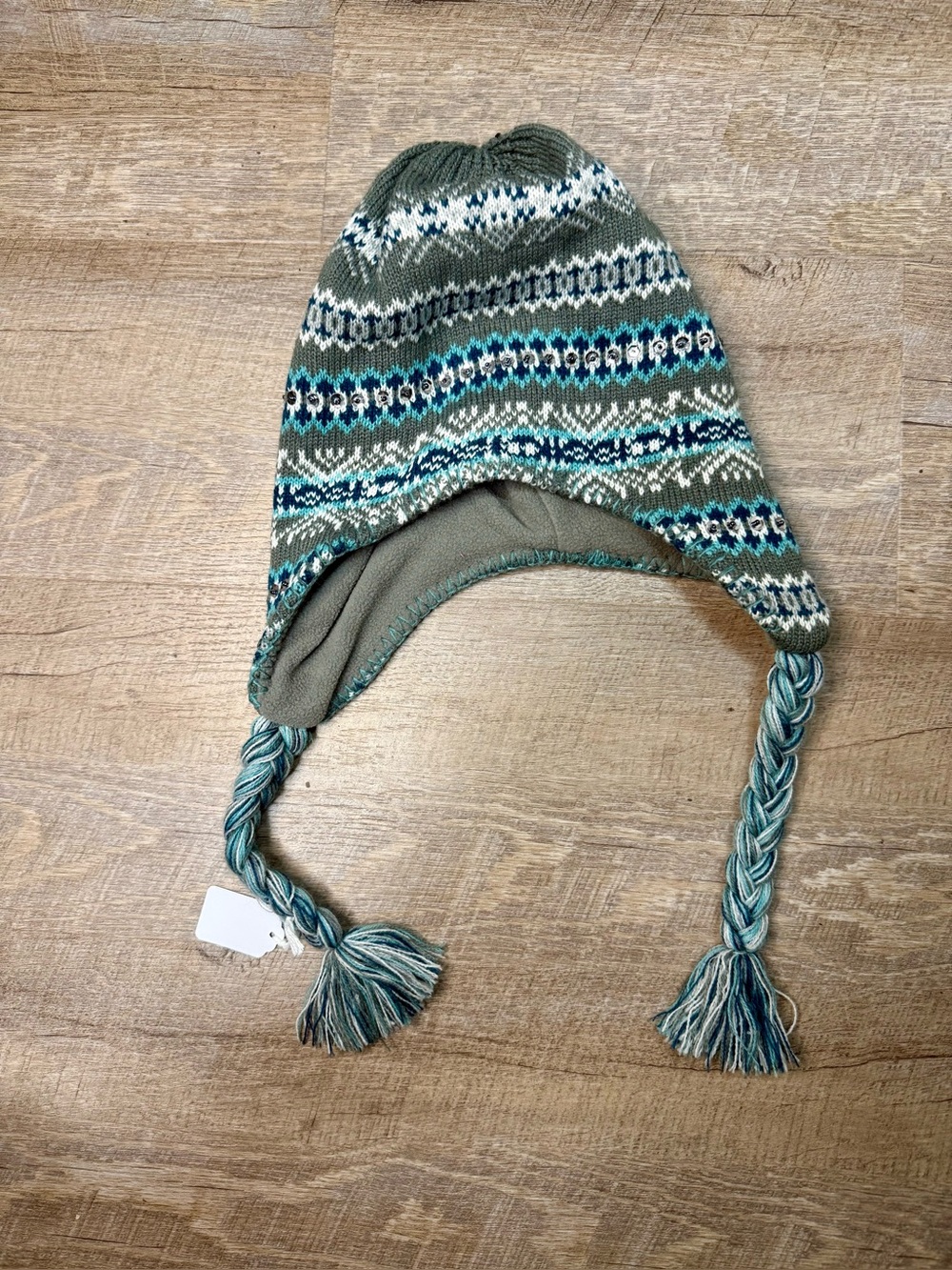 Women’s Gray and Blue Knit Earflap Hat with Sequin Accents